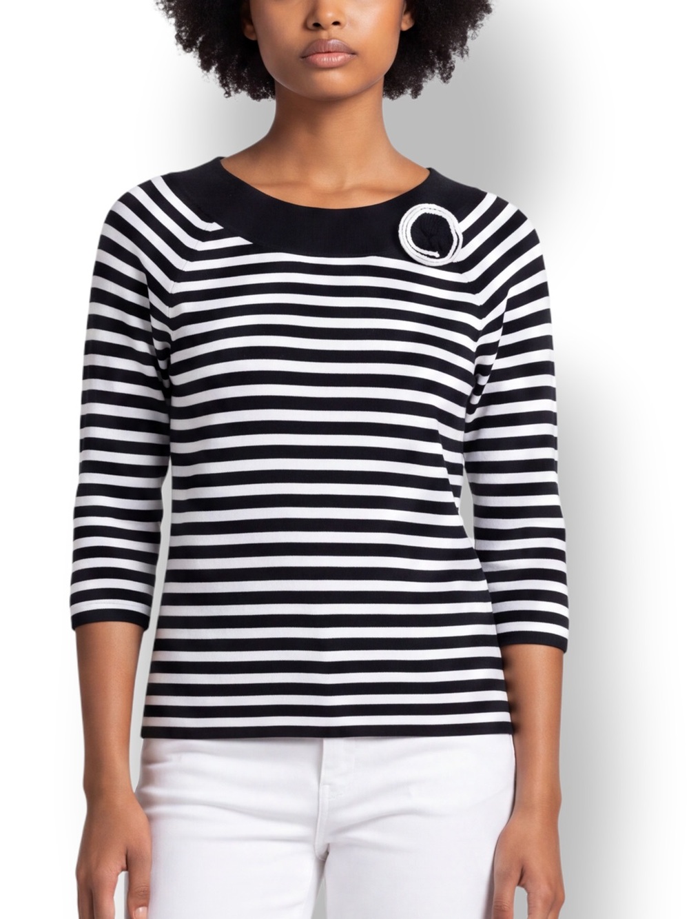 4/$20 Emma James Liz Claiborne Black White Striped Sweater Floral Appliqué Large